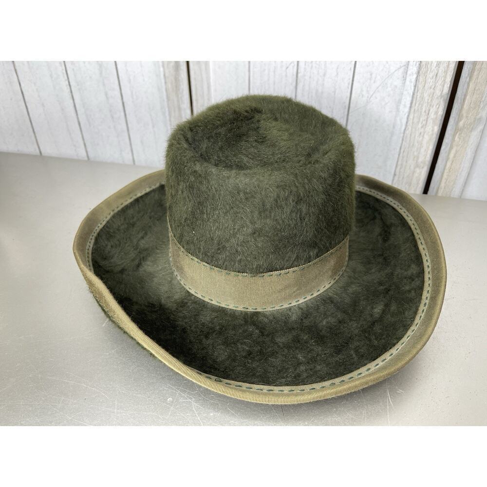 Halston 1970's Green Vintage Women’s Soft Retro Plush Rim Hat 70s Disco Boho